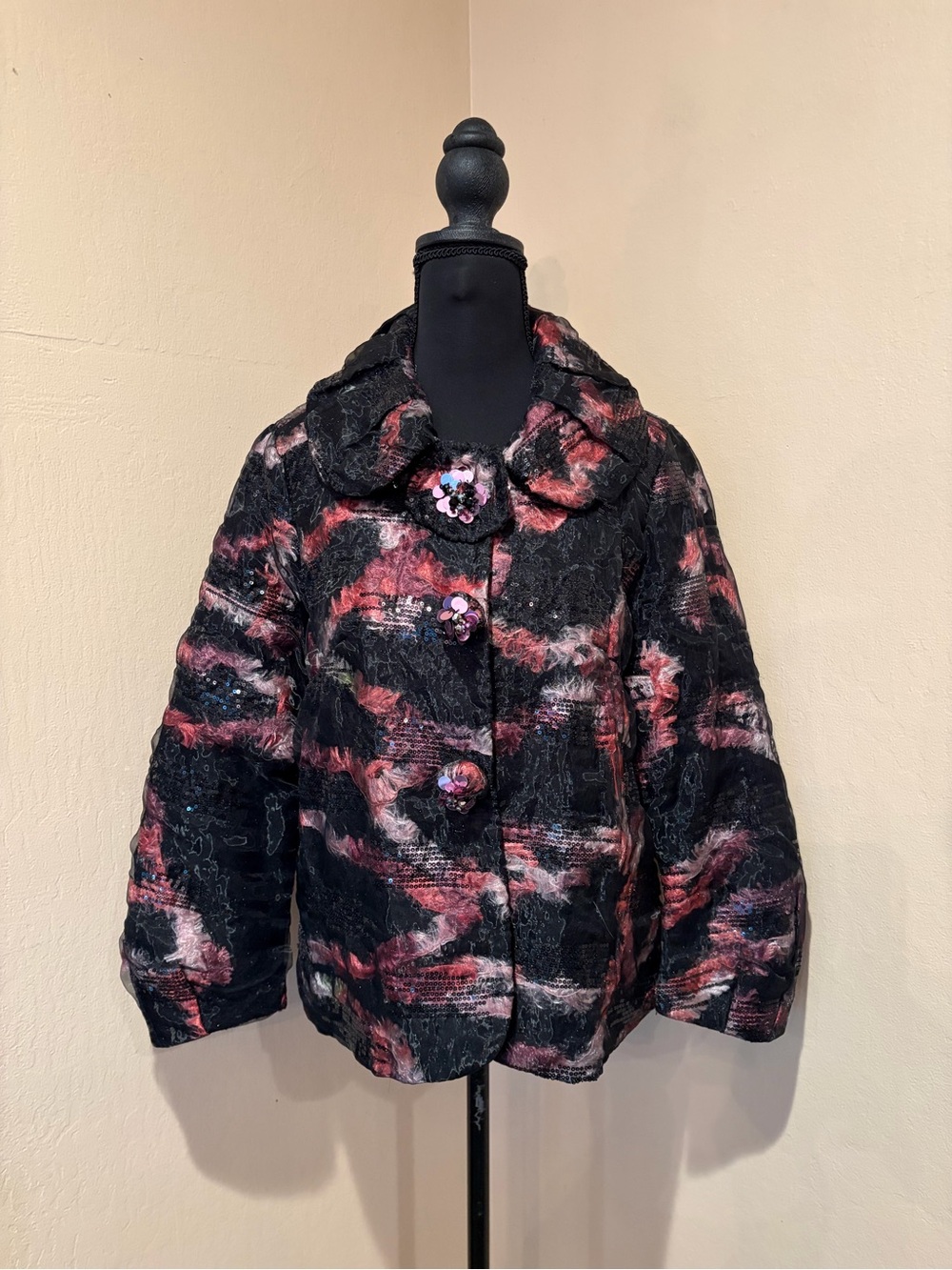 Black & Purple Swirl Textured Bouclé Puffer w/ Sequins & Floral Beaded Buttons